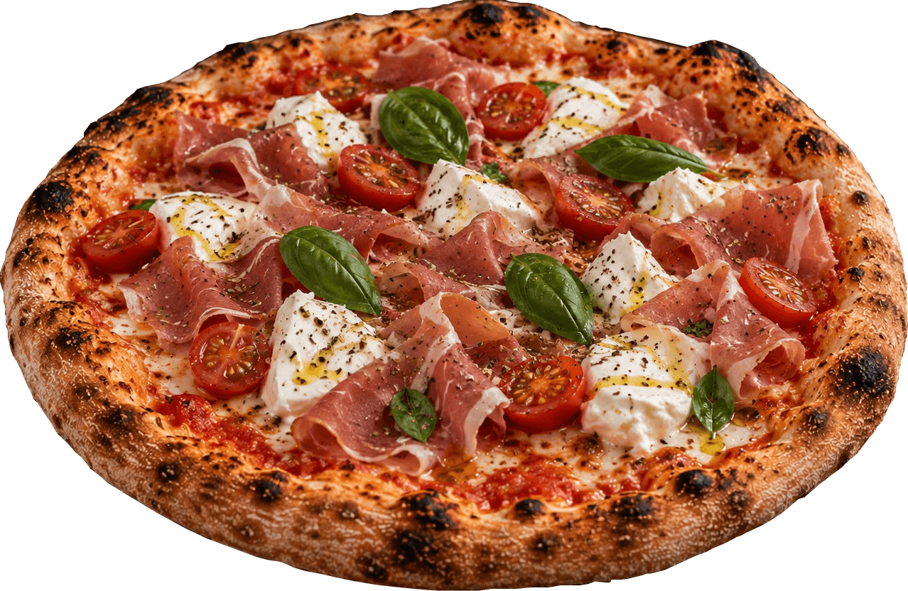 Pizza cu prosciutto crudo, mozzarella fresh, roșii cherry și busuioc